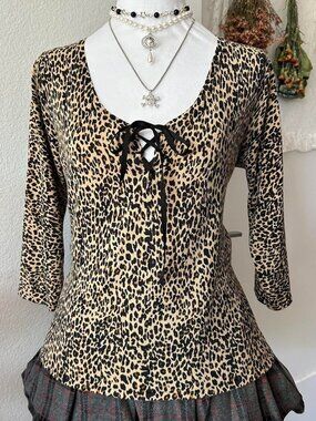 Y2K August Silk Leopard Print 3/4 Sleeve Top